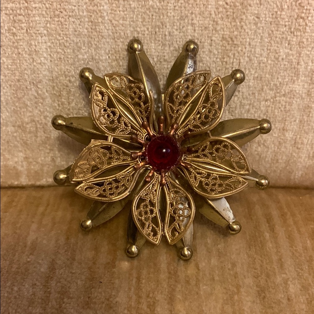 Vintage Gold and Red Floral Brooch